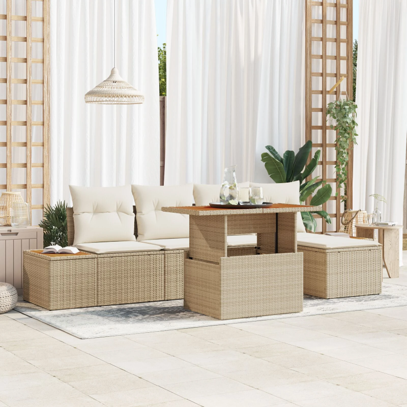 vidaXL Dārza ēdamgalds ar spilvenu 6 pcs Bēšs un krēms