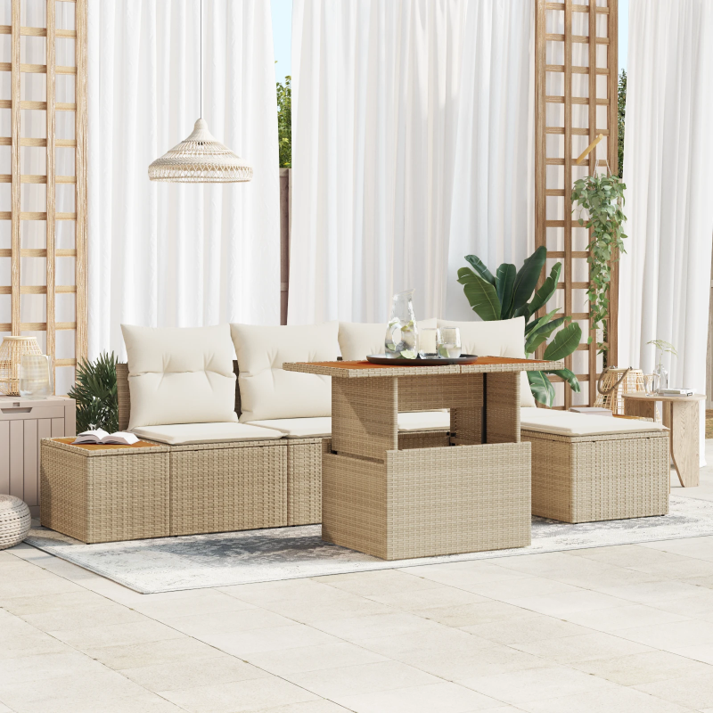 vidaXL Dārza ēdamgalds ar spilvenu 6 pcs Bēšs un krēms