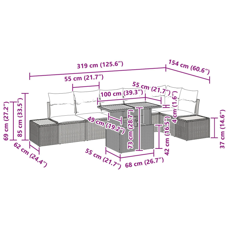 vidaXL Dārza ēdamgalds ar spilvenu ar spilvenu 7 pcs Melna un Beigē