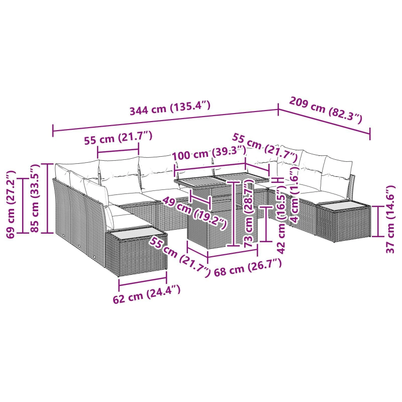 vidaXL Dārza ēdamgalds ar spilvenu ar spilvenu 11 pcs Pelēks un brūns