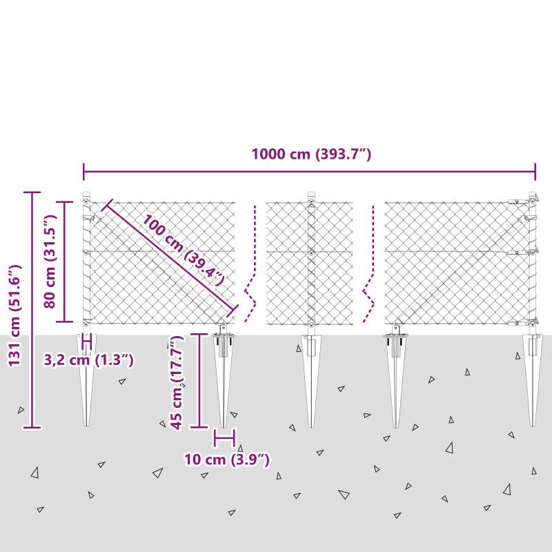 vidaXL Žoga āķis Sudraba 10 x 0,8 m ,40 x 40 mm siets, Tērauds