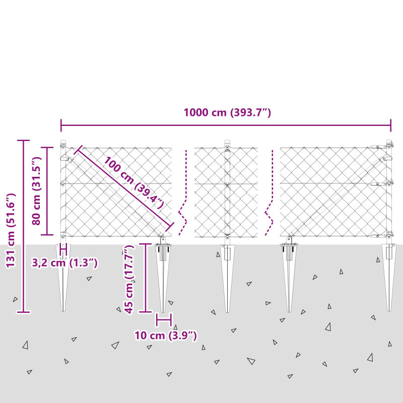 vidaXL Žoga āķis Sudraba 10 x 0,8 m ,60 x 60 mm siets, Tērauds