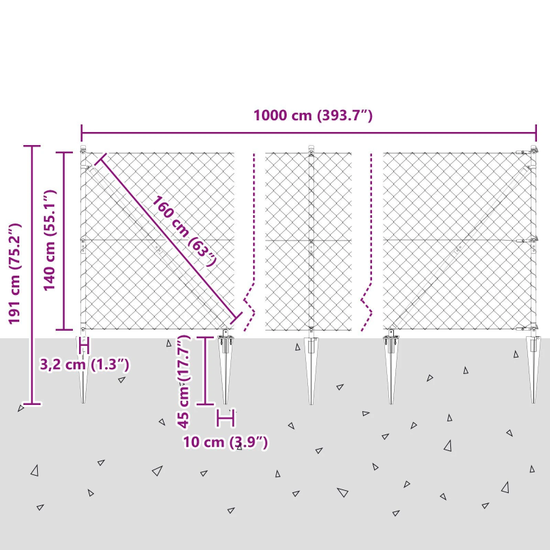 vidaXL Žoga āķis Sudraba 10 x 1,4 m ,60 x 60 mm siets, Tērauds