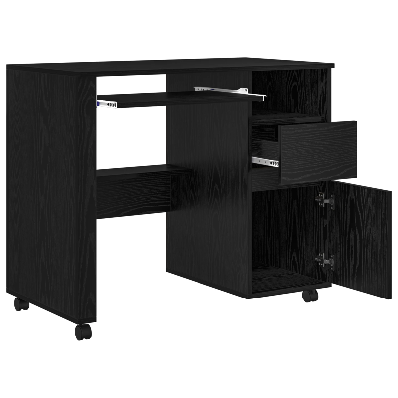 vidaXL Galds ar ratieniem ar atvilktni Melns ozolkoks 91 x 50 x 77 cm