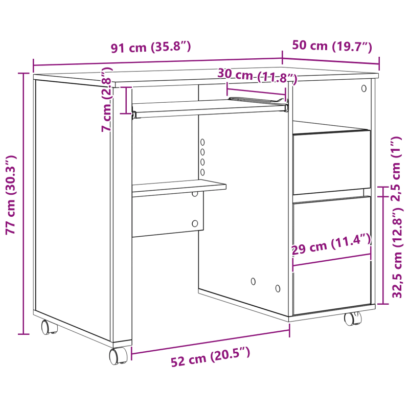 vidaXL Galds ar ratieniem ar atvilktni Betona pelēks 91 x 50 x 77 cm