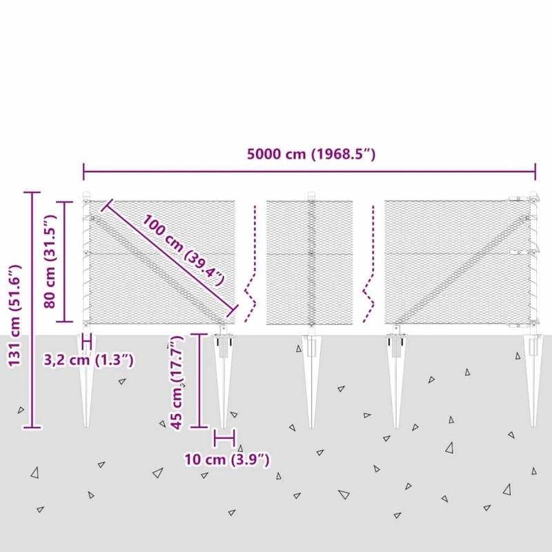 vidaXL Žoga āķis Pelēka 50 x 0,8 m ,13 mm režģis, Tērauds un PVC