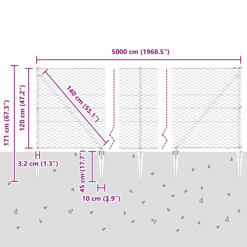 vidaXL Žoga āķis Pelēka 50 x 1,2 m ,50 mm acs, Tērauds un PVC