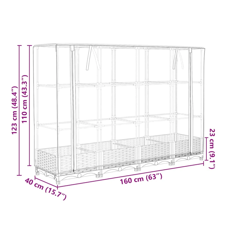vidaXL augstā puķu dobe ar siltumnīcas pārsegu, rotangpalmas imitācija, 160x40x123 cm