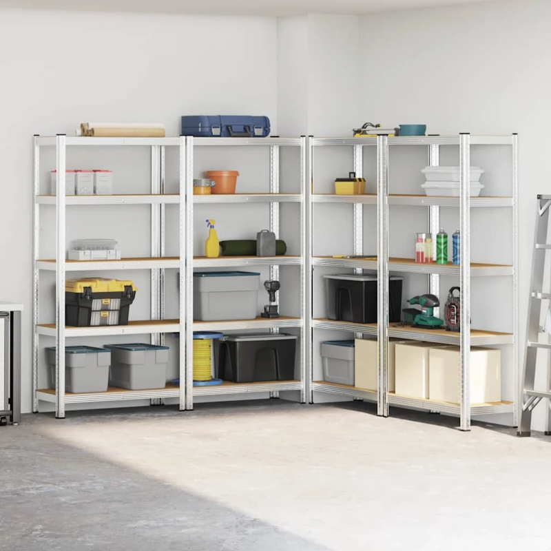 vidaXL 5-līmeņu plaukti, 4 gab., sudrabains tērauds inženierijas koks