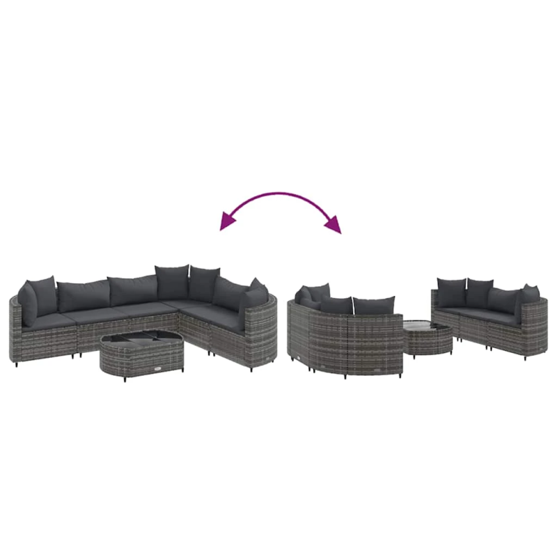 vidaXL 7-daļīgs dārza dīvāna komplekts, matrači, pelēka PE rotangpalma