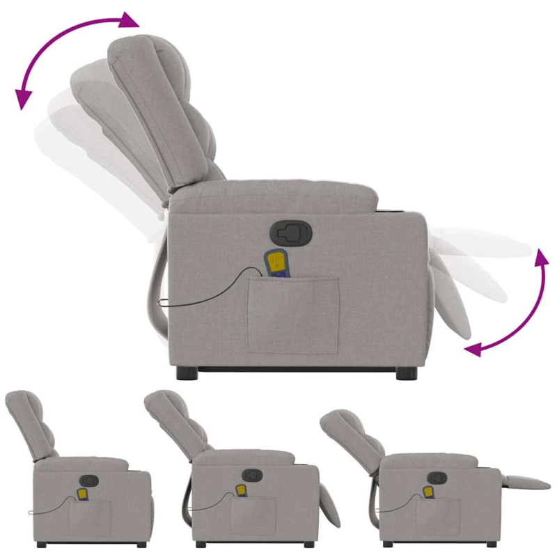 vidaXL masāžas krēsls, paceļams, atgāžams, mākonis pelēks audums