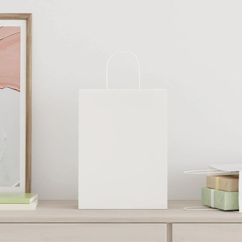 vidaXL papīra maisiņi 50 gab. ar rokturiem, balti, 26x12x35 cm