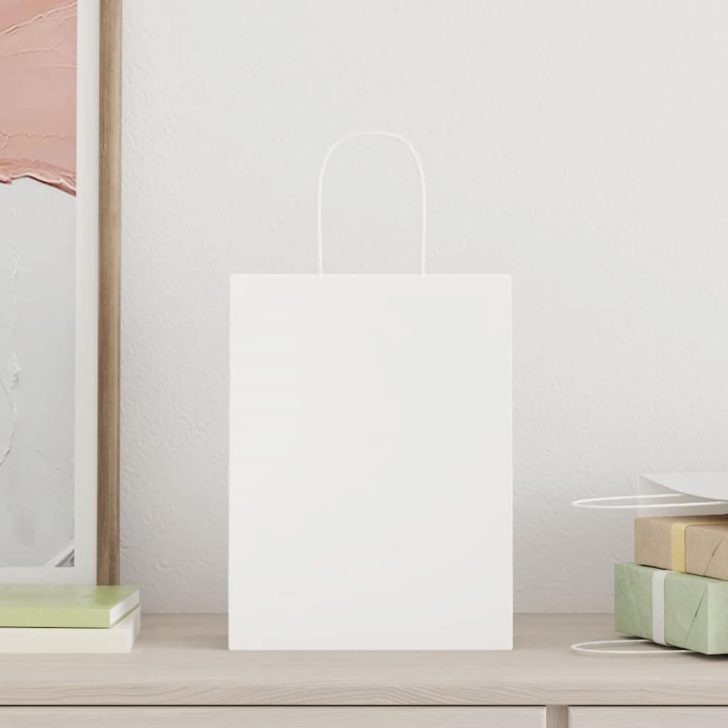 vidaXL papīra maisiņi 250 gab. ar rokturiem, balti, 21x11x28 cm