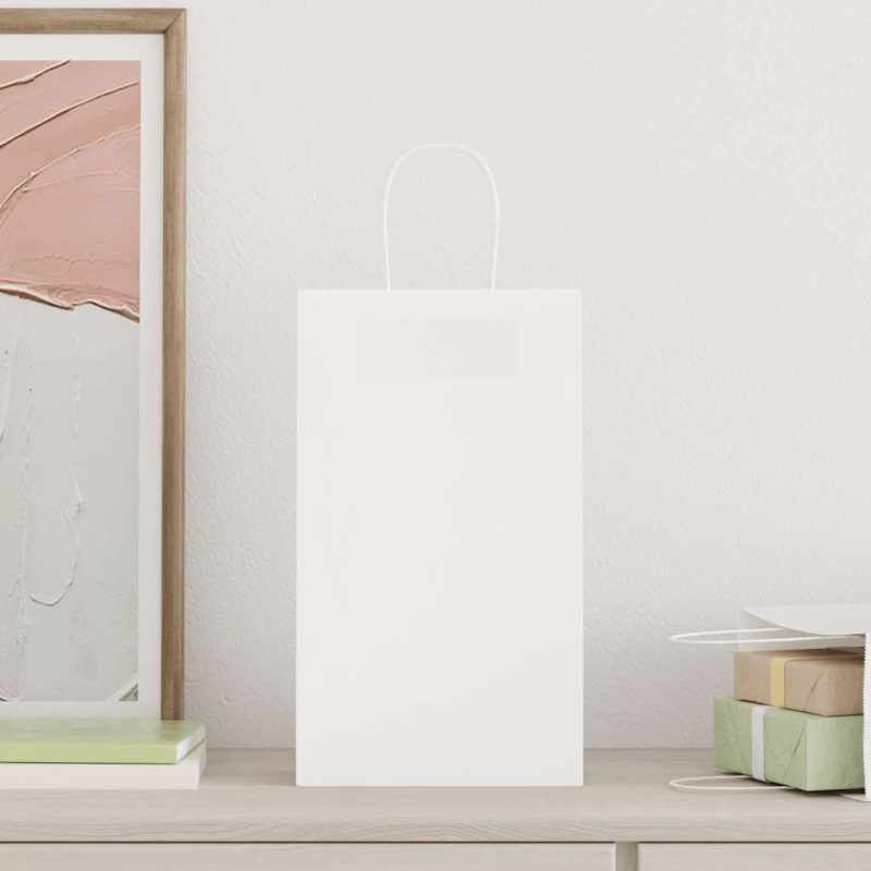 vidaXL papīra maisiņi 250 gab. ar rokturiem, balti, 21x11x36 cm