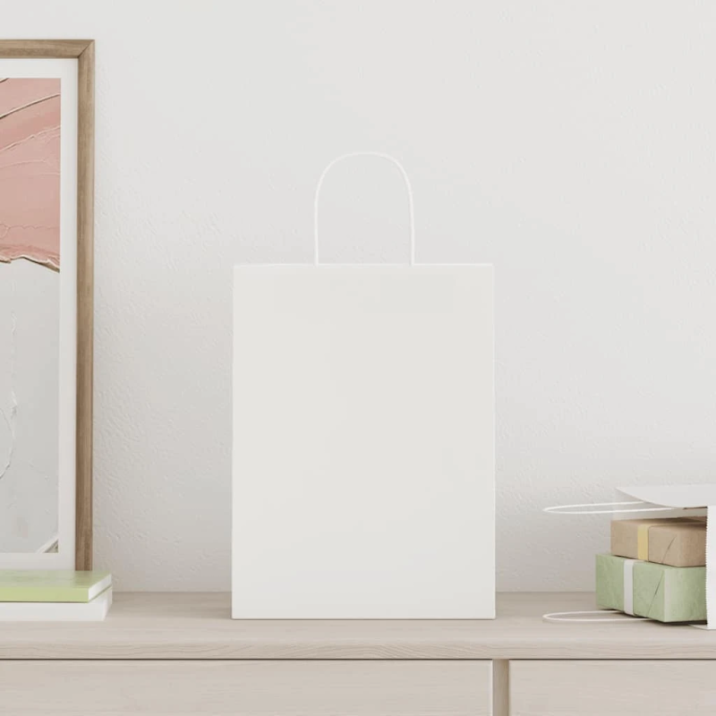 vidaXL papīra maisiņi 250 gab. ar rokturiem, balti, 26x12x35 cm