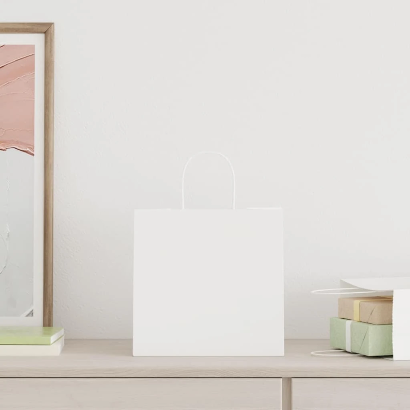 vidaXL papīra maisiņi 250 gab. ar rokturiem, balti, 26x17x25 cm