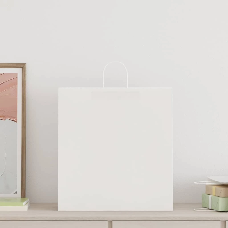 vidaXL papīra maisiņi 250 gab. ar rokturiem, balti, 45x17x48 cm