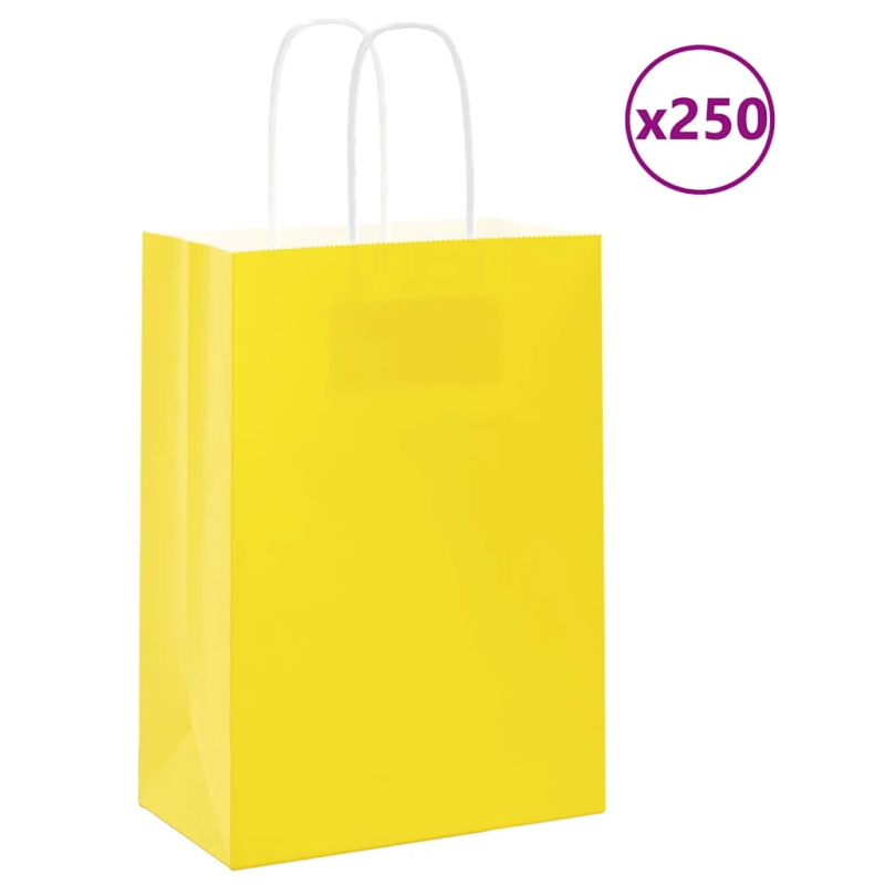 vidaXL papīra maisiņi 250 gab. ar rokturiem, dzelteni, 15x8x21 cm