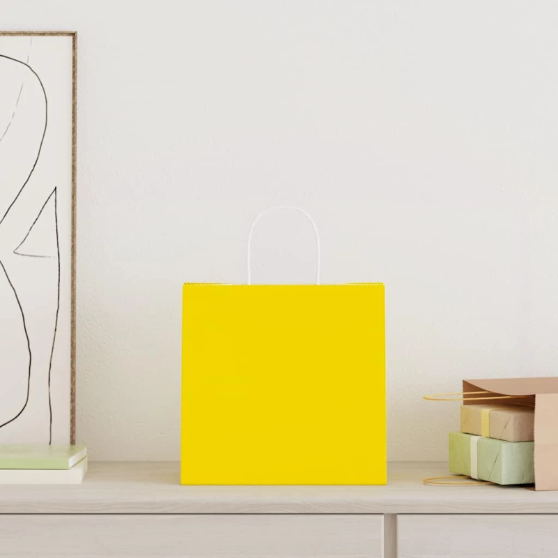 vidaXL papīra maisiņi 250 gab. ar rokturiem, dzelteni, 26x17x25 cm