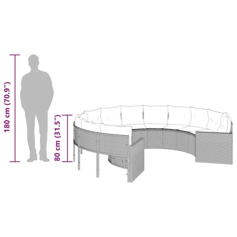 vidaXL dārza dīvāns ar spilveniem, apaļš, melna PE rotangpalma