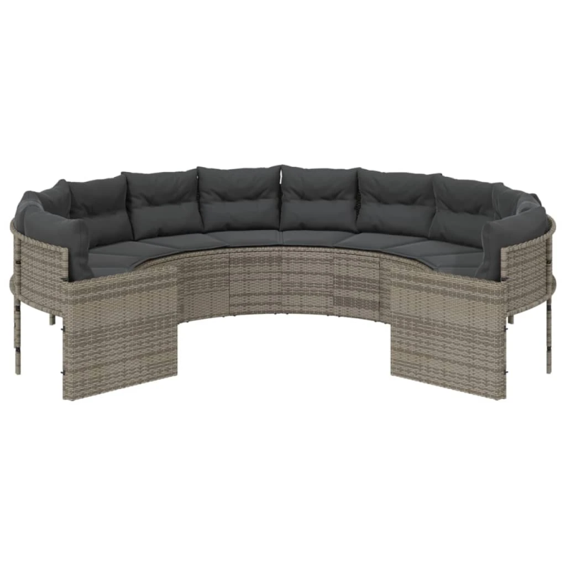 vidaXL dārza dīvāns ar spilveniem, apaļš, pelēka PE rotangpalma