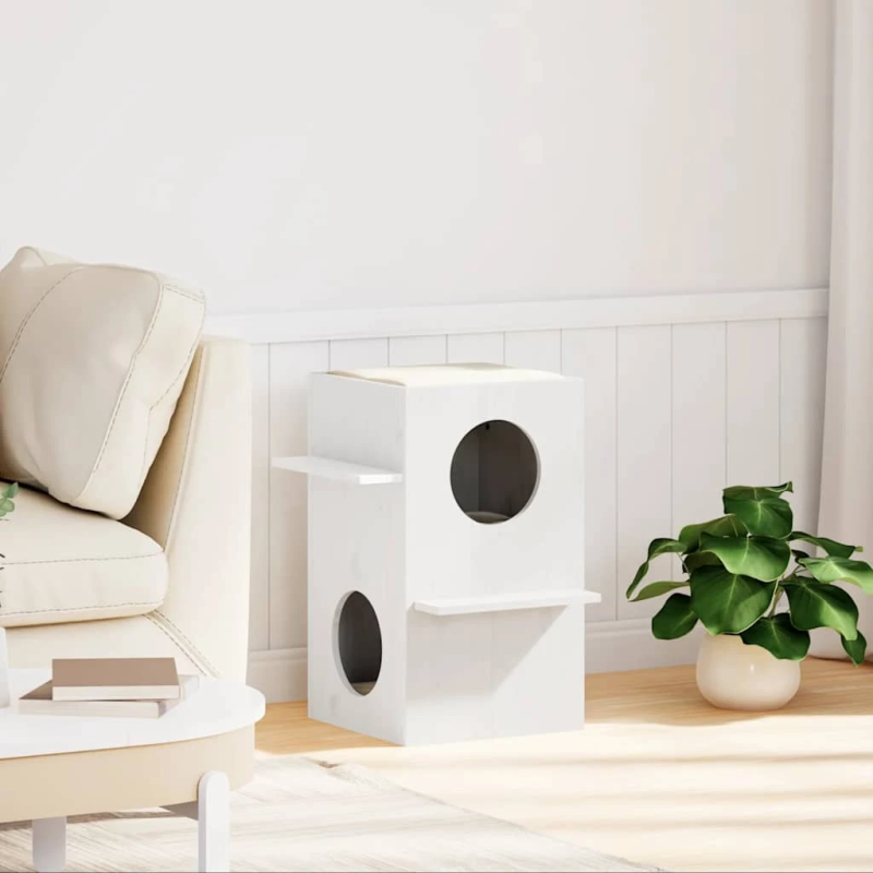 vidaXL kaķu māja, balta, 43x43x60 cm, priedes masīvkoks