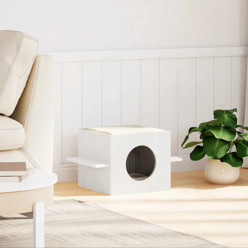 vidaXL kaķu māja, balta, 51x35x30 cm, priedes masīvkoks