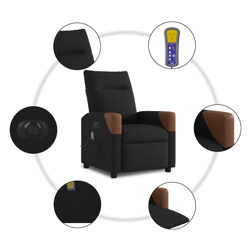 vidaXL elektrisks masāžas krēsls, atgāžams, melns audums