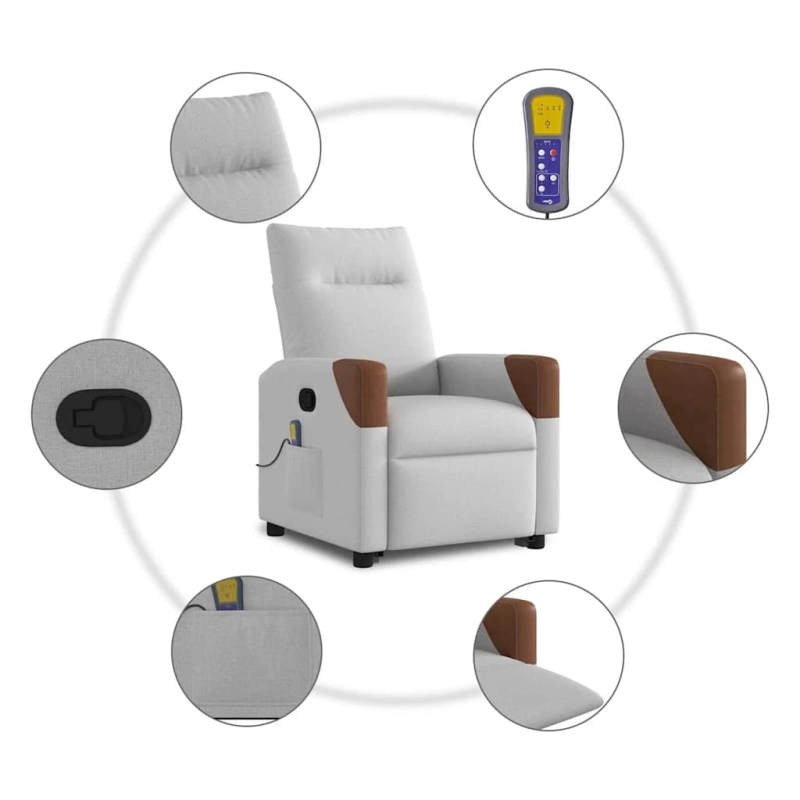 vidaXL masāžas krēsls, paceļams, atgāžams, mākonis pelēks audums