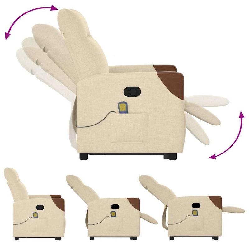 vidaXL masāžas krēsls, paceļams, atgāžams, krēmkrāsas audums