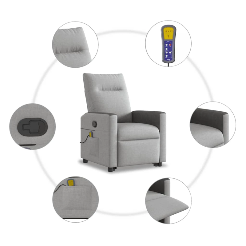 vidaXL masāžas krēsls, paceļams, atgāžams, mākonis pelēks audums