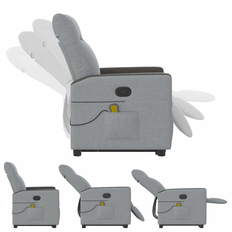 vidaXL masāžas krēsls, paceļams, atgāžams, gaiši pelēks audums