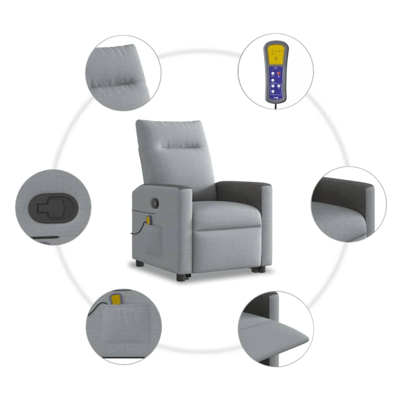 vidaXL masāžas krēsls, paceļams, atgāžams, gaiši pelēks audums