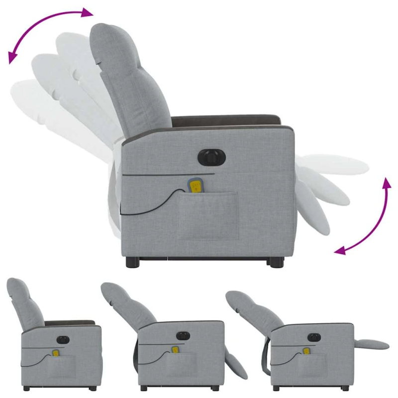 vidaXL elektrisks masāžas krēsls, paceļams, atgāžams, pelēks audums