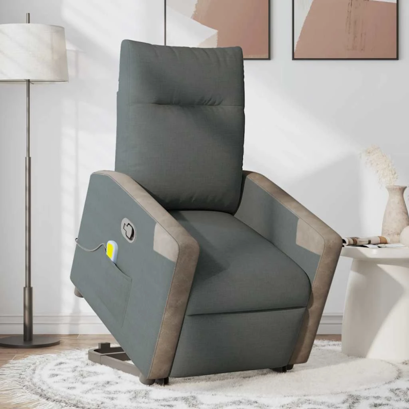 vidaXL masāžas krēsls, paceļams, atgāžams, tumši pelēks audums