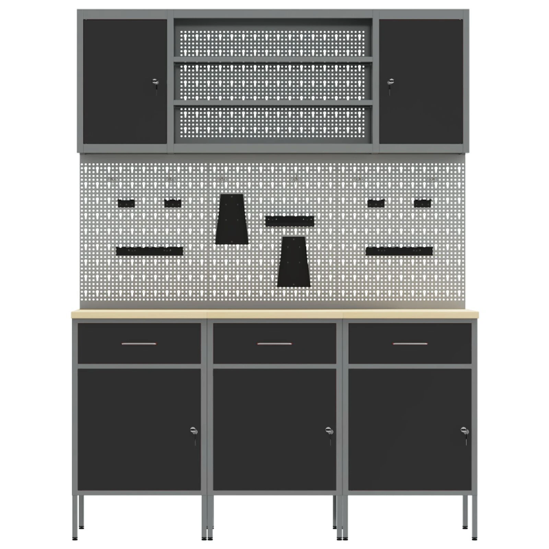 vidaXL Darba skapis ar atvilktni 7 pcs Melna Inženieru koks un tērauds