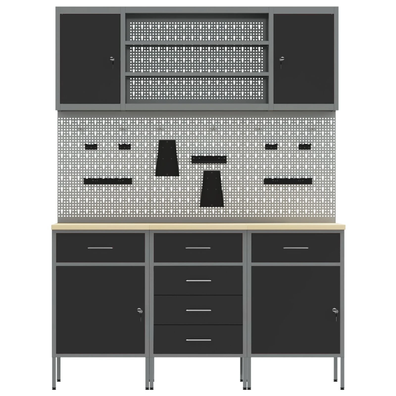 vidaXL Darbagalds ar atvilktni 7 pcs Melna 150 x 55 x 200 cm Tērauds