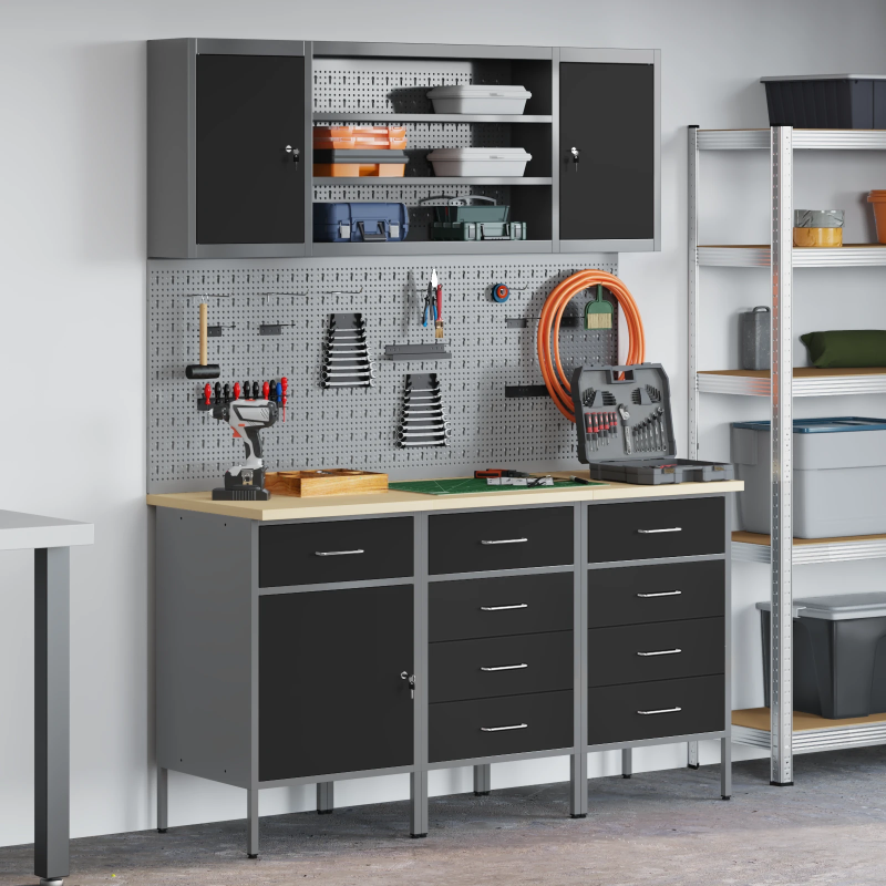 vidaXL Darba skapis ar atvilktni 7 pcs Melna Inženieru koks un tērauds