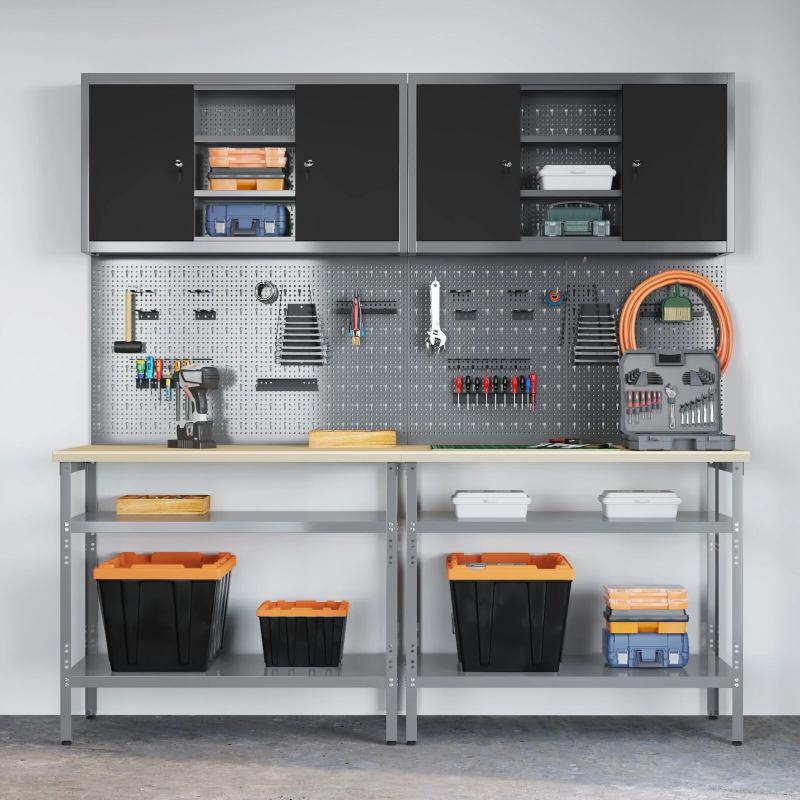 vidaXL Darbagalda komplekts ar plauktu ar uzglabāšanu 8 pcs Pelēka