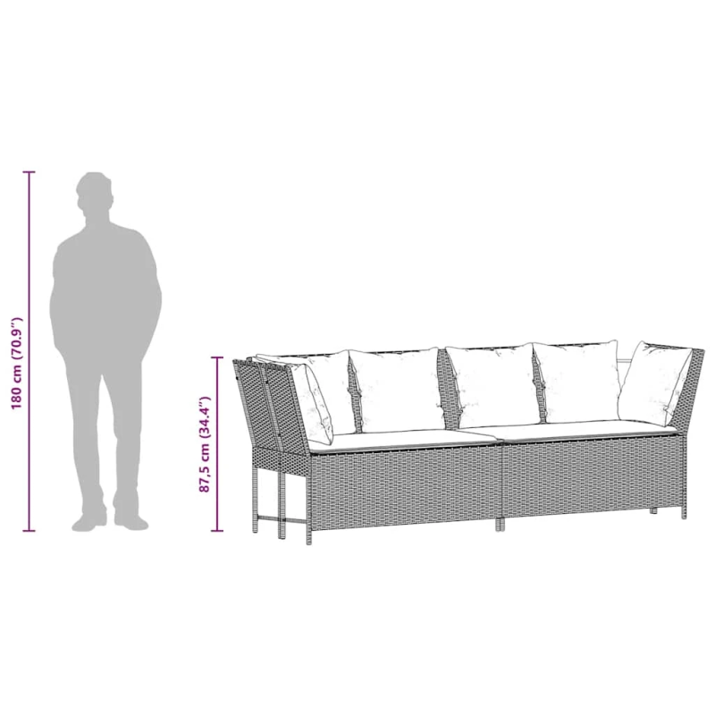 vidaXL dārza dīvāns ar spilveniem, brūna PE rotangpalma