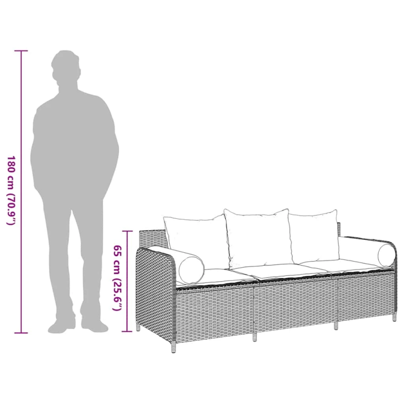 vidaXL trīsvietīgs dārza dīvāns ar matračiem, brūna PE rotangpalma