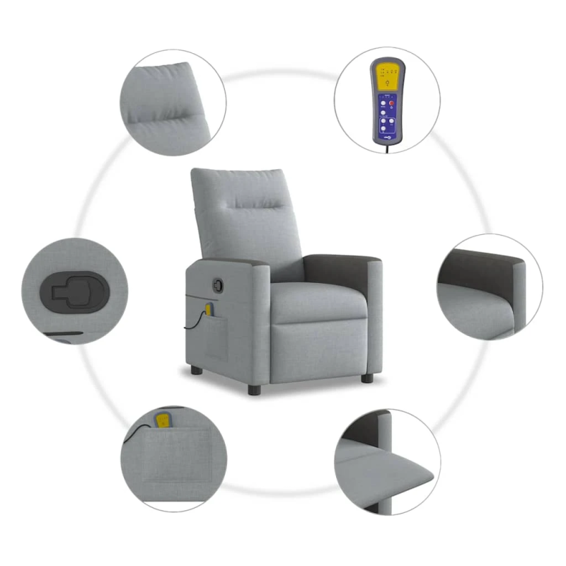 vidaXL masāžas krēsls, atgāžams, gaiši pelēks audums