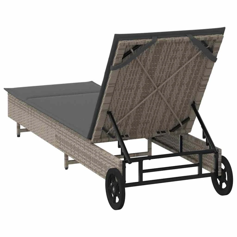 vidaXL sauļošanās zvilnis ar riteņiem un matraci pelēka PE rotangpalma