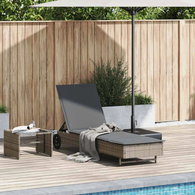 vidaXL sauļošanās zvilnis ar riteņiem un matraci pelēka PE rotangpalma