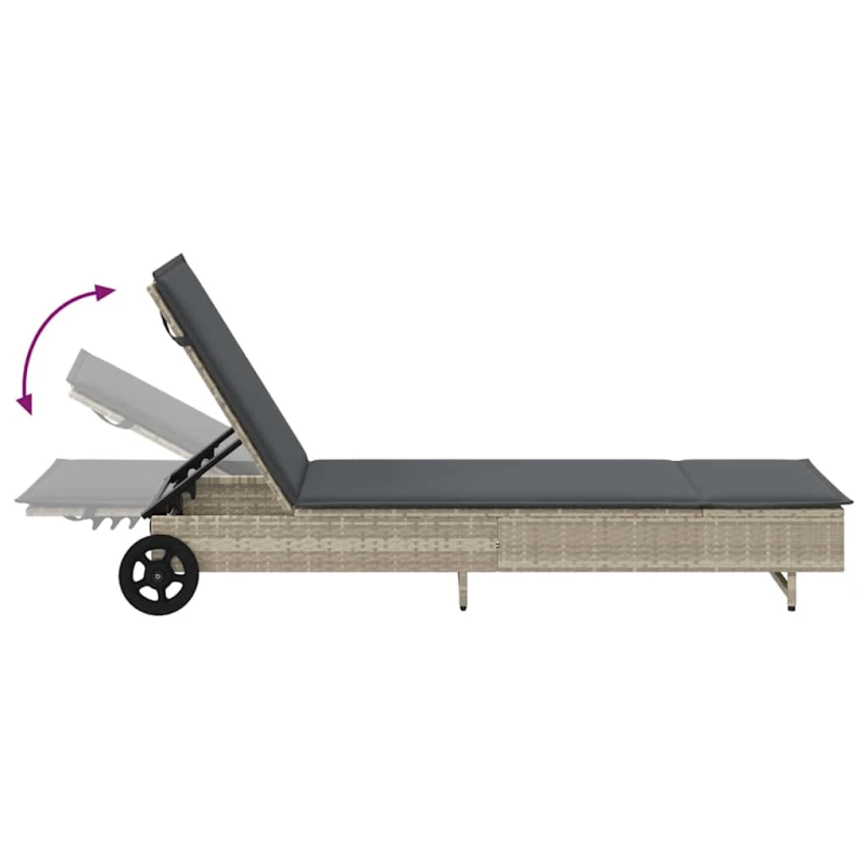 vidaXL sauļošanās zvilnis ar riteņiem un matraci pelēka PE rotangpalma
