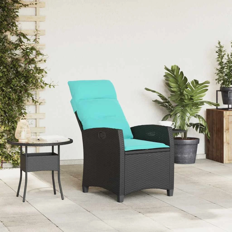 vidaXL nolaižams dārza krēsls ar sānu galdu, melns polirotangpalmas