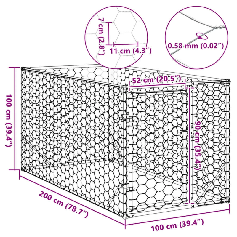 vidaXL āra suņu voljērs ar durvīm, 2x1x1 m, cinkots tērauds