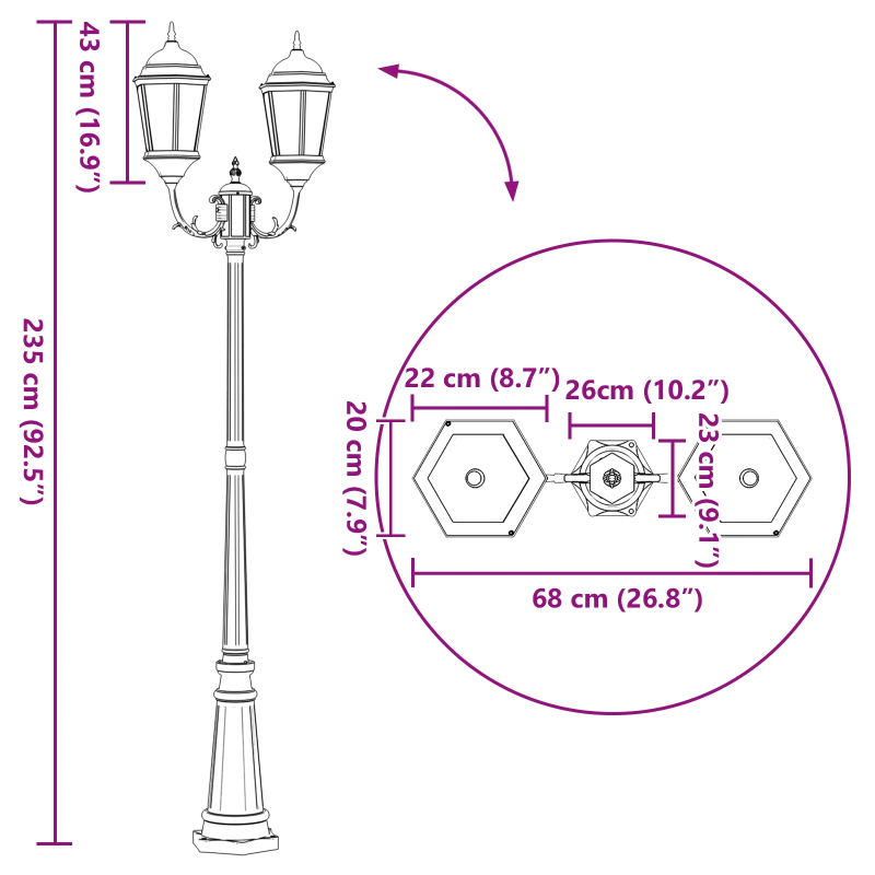 vidaXL Dārza gaisma Bronzas krāsa 68 x 20 x 235 cm Alumīnijs un stikls