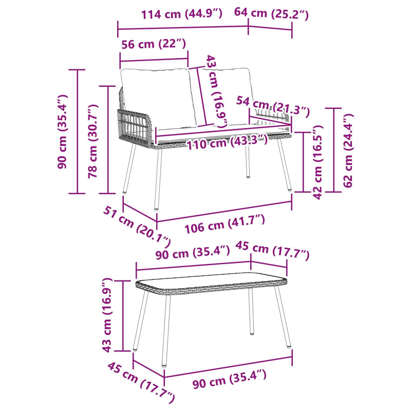 vidaXL Dārza ēdamgalds ar spilvenu 2 pcs Dabiska poliratāns