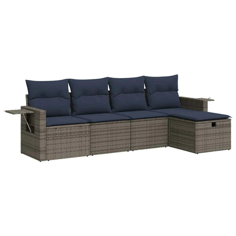 vidaXL 5-daļīgs dārza dīvāna komplekts ar matračiem, pelēks PE pinums